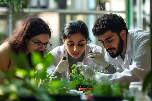 three-scientists-examining-plants-laboratory-setting